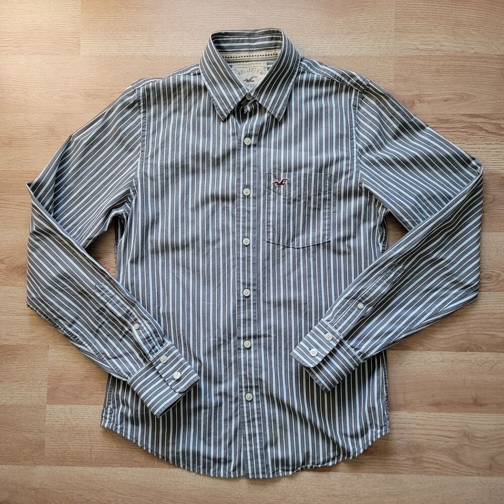 Hollister Men's Small Gray White Striped Cotton Long Sleeve Button Up Shirt